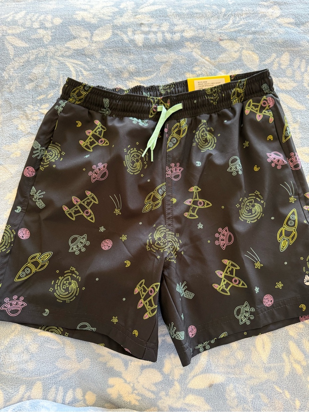 Kids' Black Space-Print Swim Shorts with Neon Accents Size Medium